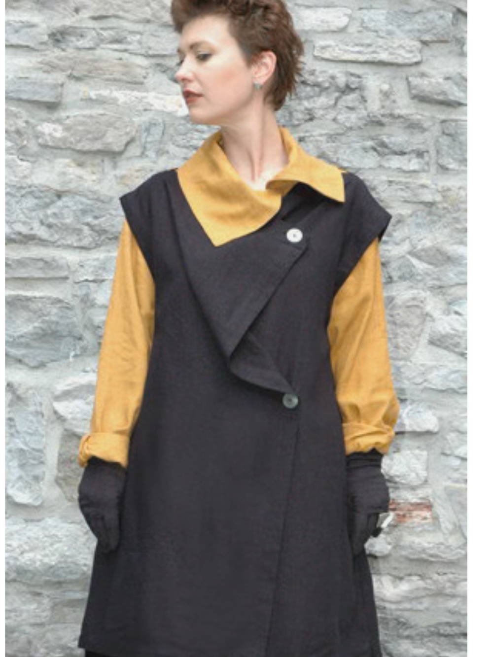 Kaliyana Galerie Vest in Black Linen button artsy sculptural Canadian designer